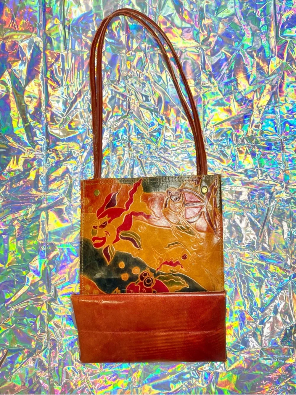 Vintage 1992 Embossed Leather Mini Bag Abstract Art Faces Fish Design Folk Art